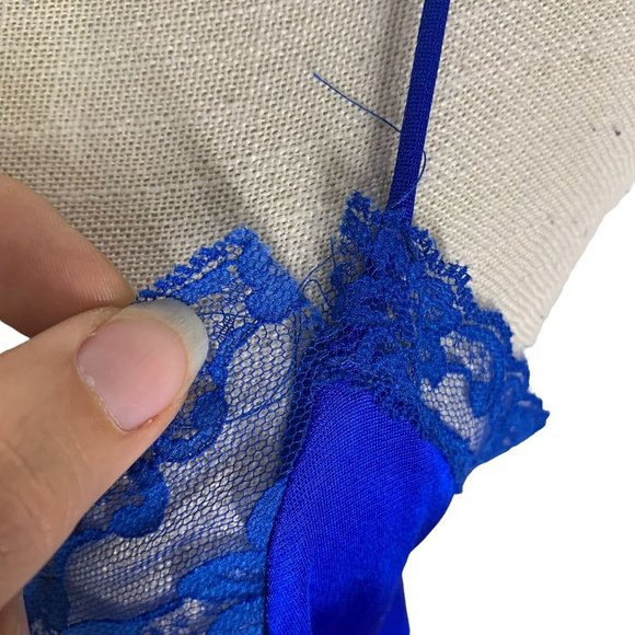 Vintage 70s Val Mode Blue Lace Full Length Spaghetti Strap Nightgown Medium - Picture 9 of 13